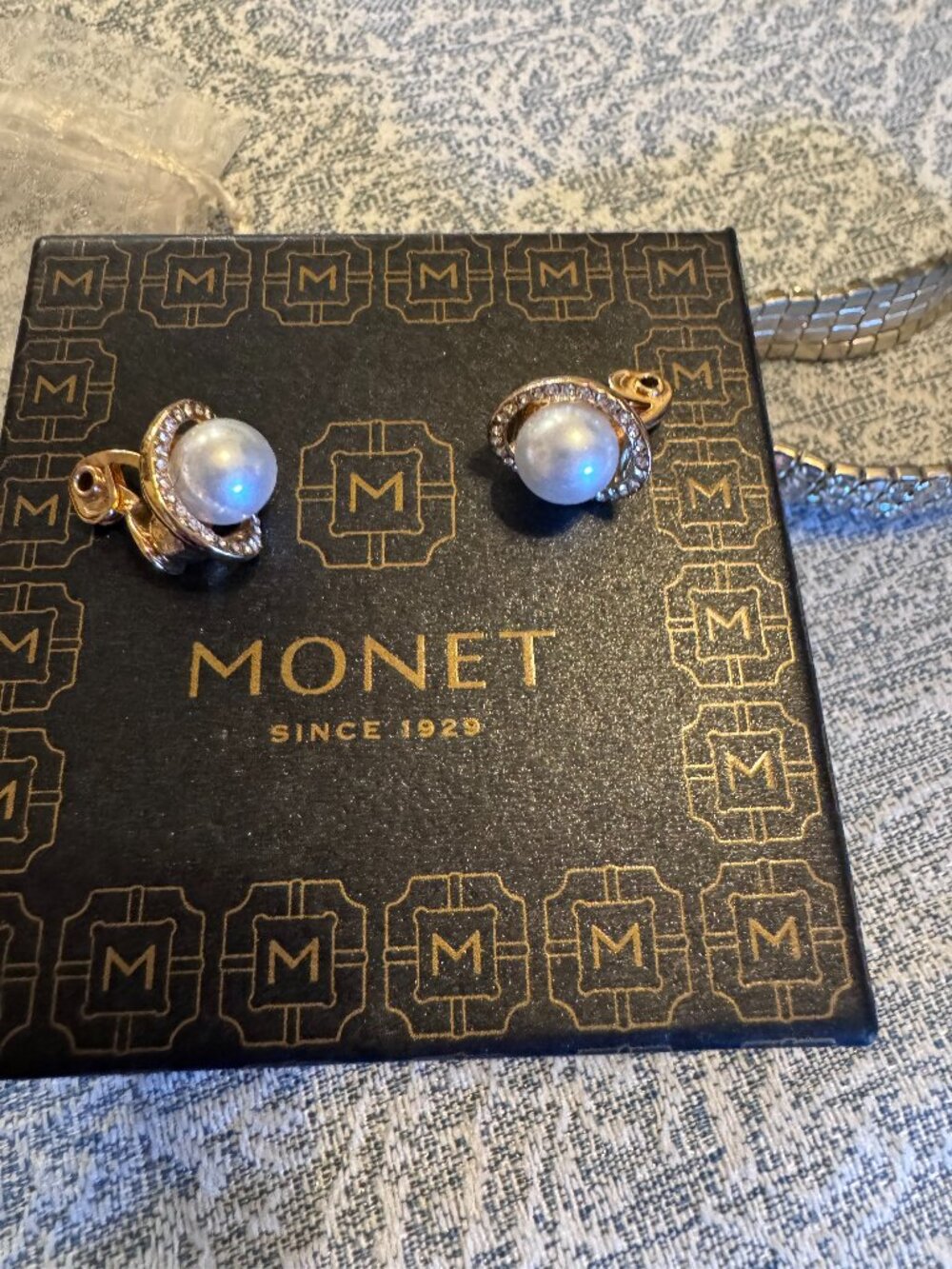 Monet Simulated Pearl & Rhinestone Halo Clip-On Earrings with Original Box